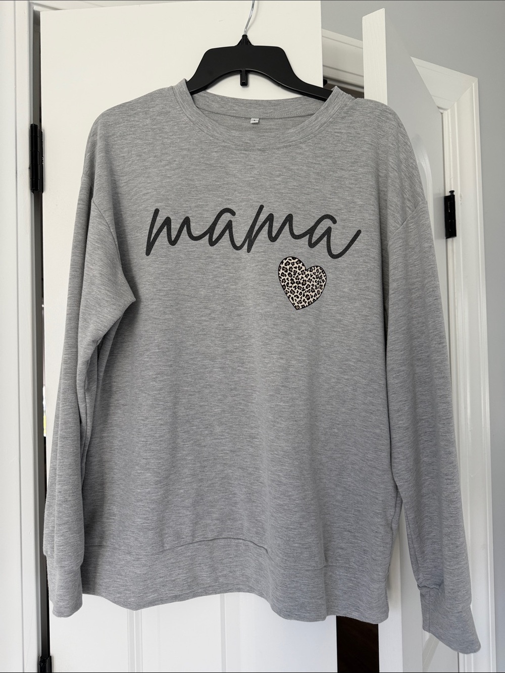 “Mama” Gray Pullover Crew with Leopard Print Heart- Womens L
